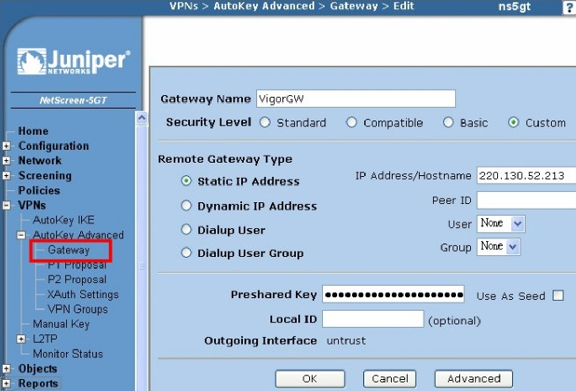 Juniper VPN远端网关设定