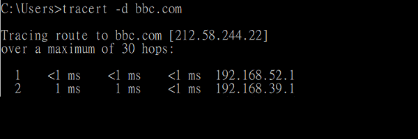 使用 tracert 验证访问 bbc.com 时流量通过 WAN1 网关 192.168.39.1