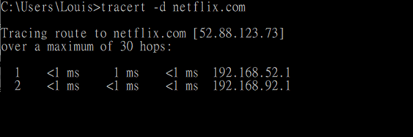 使用 tracert 验证访问 netflix.com 时流量通过 VPN 远程网关 192.168.92.1